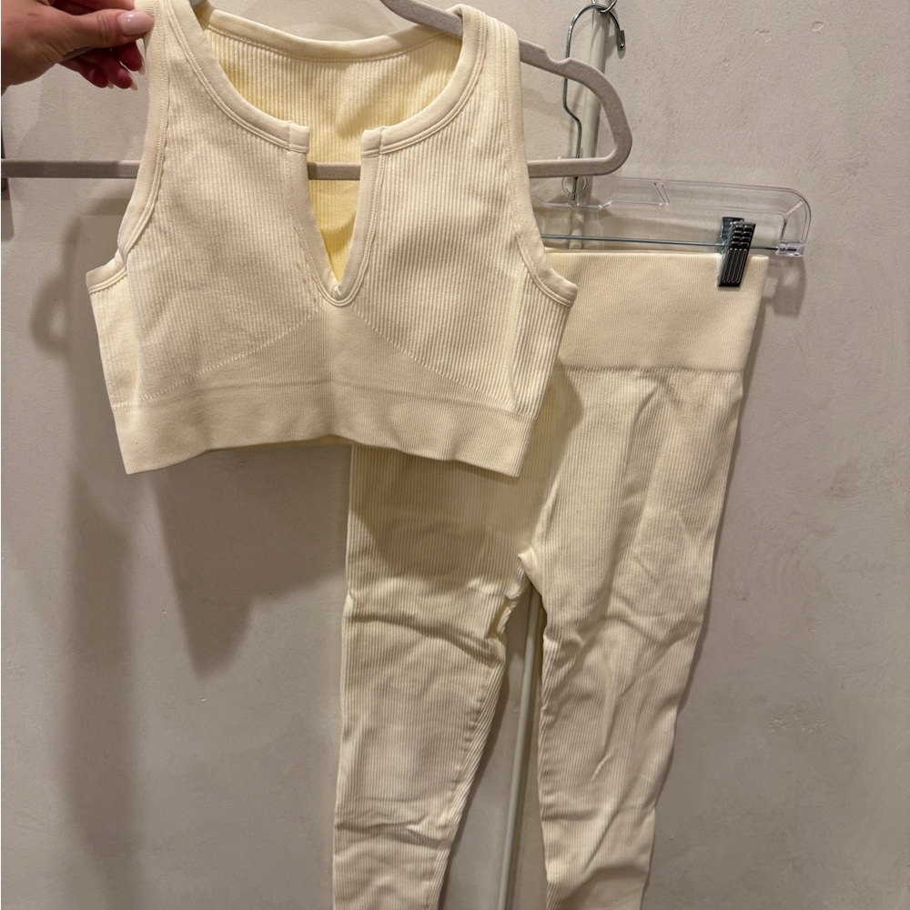 Cream Ribbed Crop Top and Leggings Set